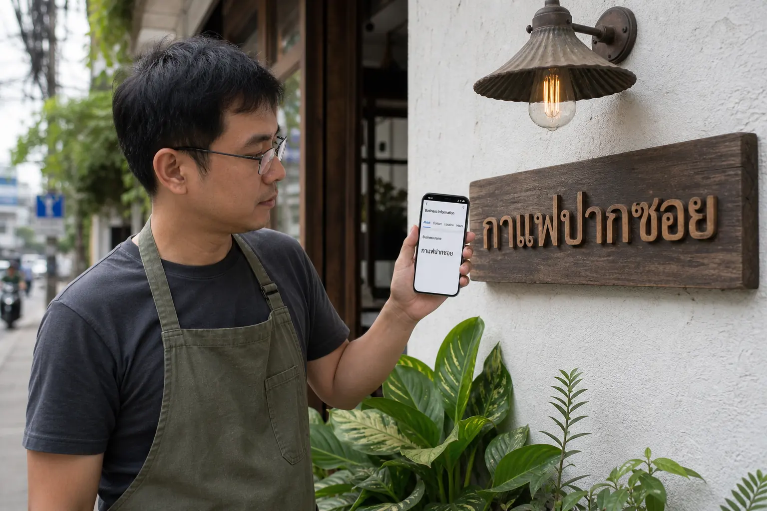 เจ้าของร้านไทยยืนถือมือถือเทียบชื่อบนป้ายหน้าร้านกับชื่อบนโปรไฟล์ Google